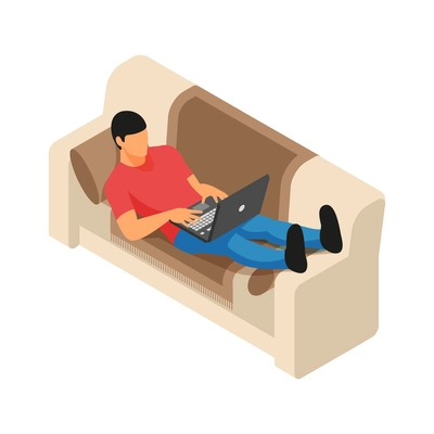 Male freelancer working on laptop lying on sofa at home isometric vector illustration