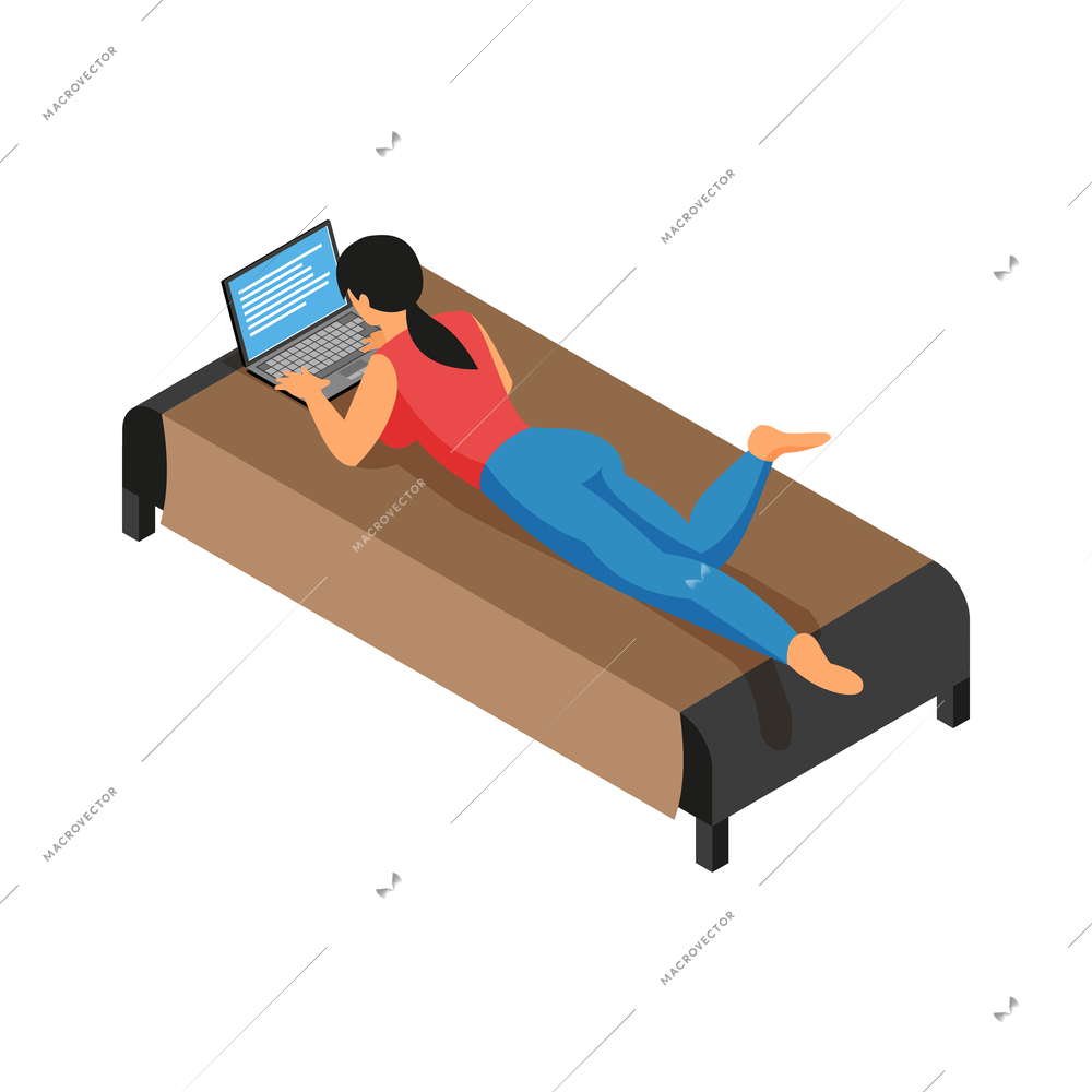 Isometric female freelancer lying on sofa and working on laptop vector illustration