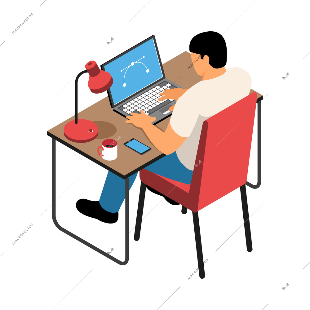 Freelancer working on laptop at desk back view 3d isometric vector illustration