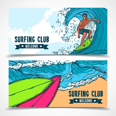 Tropical holidays vacation surfing club horizontal banners set with ocean waves board rider abstract isolated vector illustration