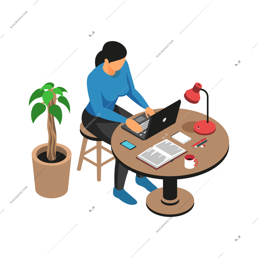 Isometric modern female freelancer working on laptop vector illustration