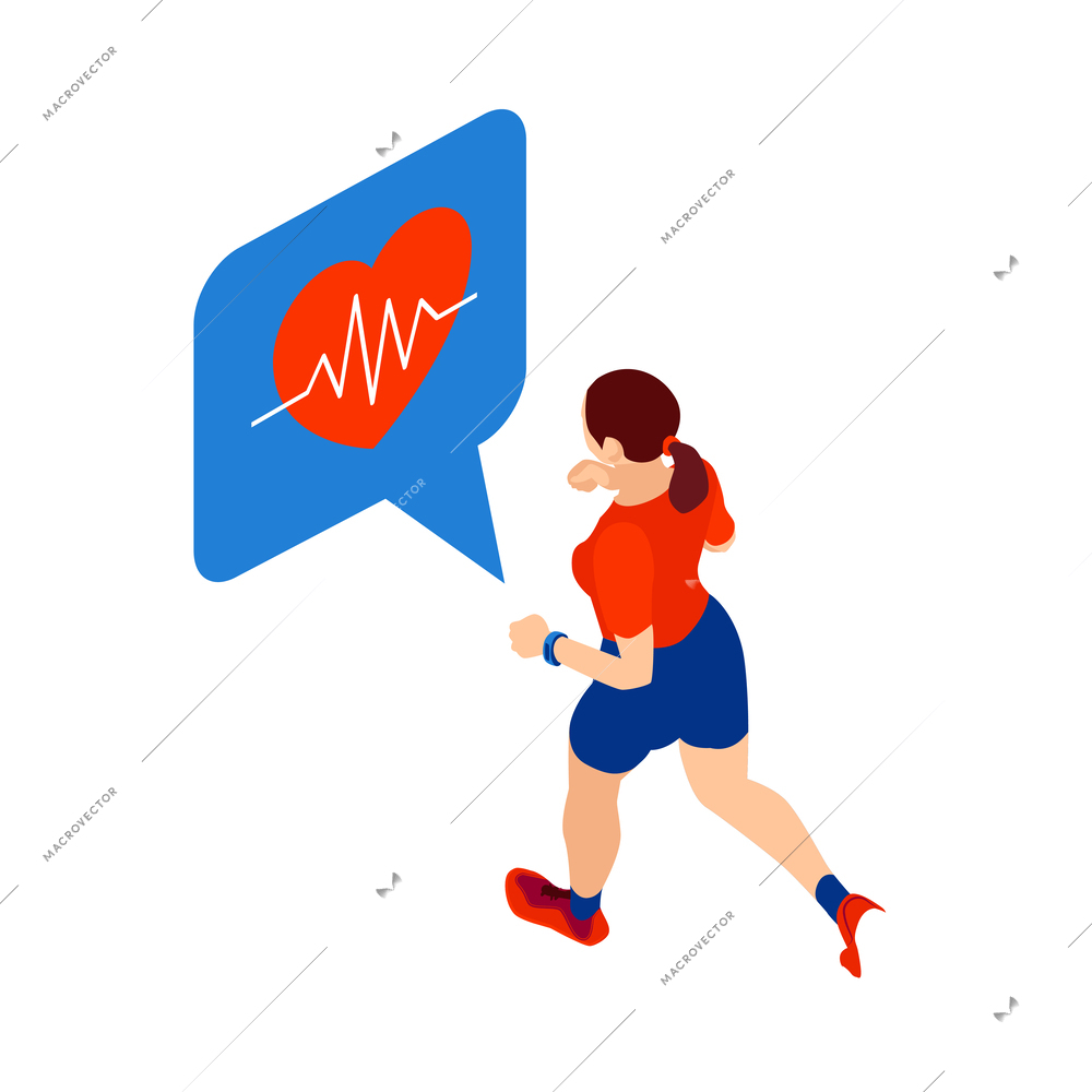 Health electronic device smart watch app for monitoring heart rate isometric icon with jogging woman 3d vector illustration