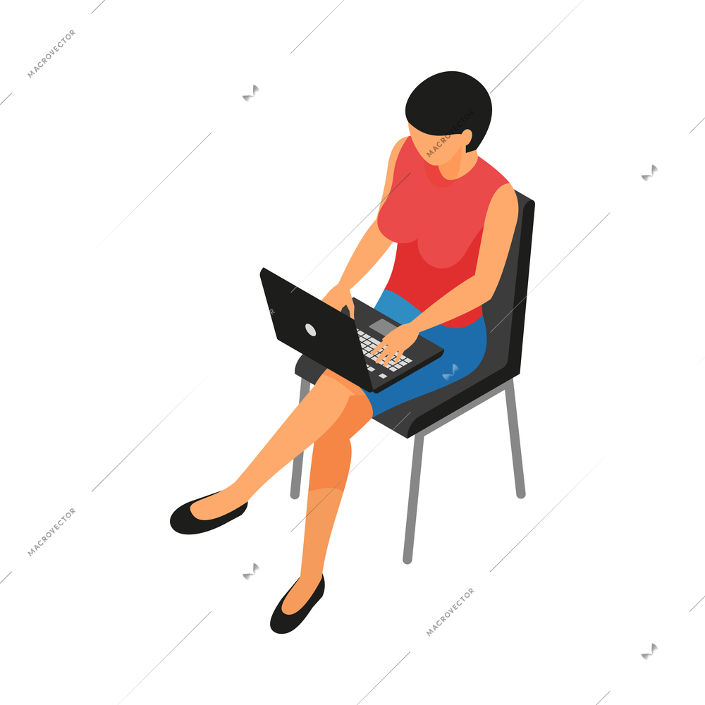 Female freelancer working on laptop isometric vector illustration
