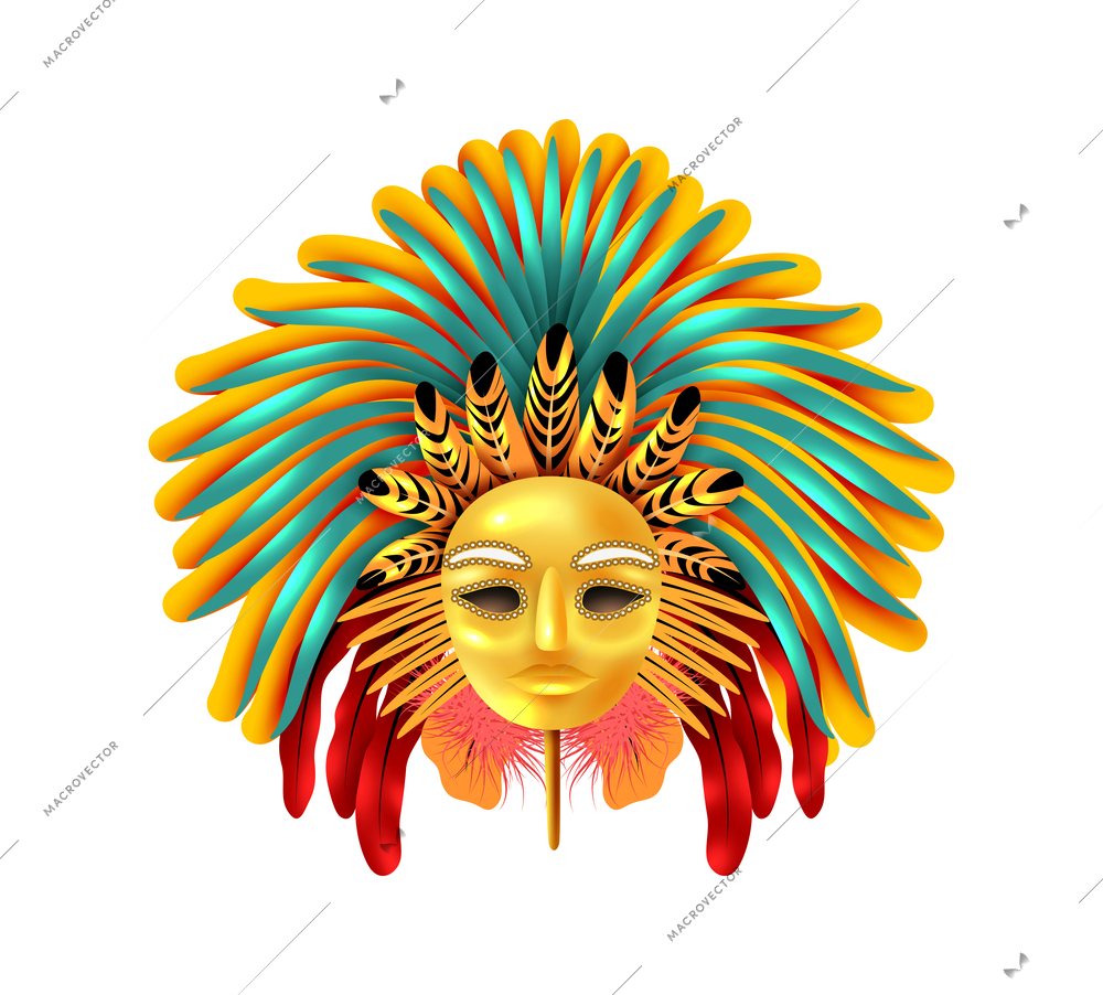 Beautiful golden brazilian carnival mask decorated with feathers realistic vector illustration