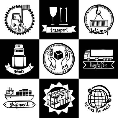 Logistic transportation shipment goods delivery emblems sketch set isolated vector illustration