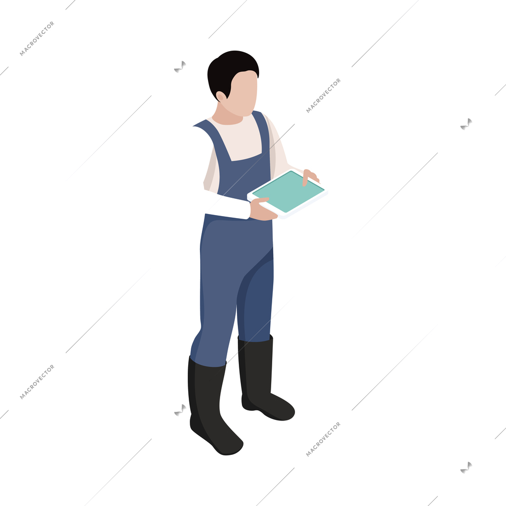 Smart farm isometric icon with male farmer using innovative technology for controlling equipment 3d vector illustration