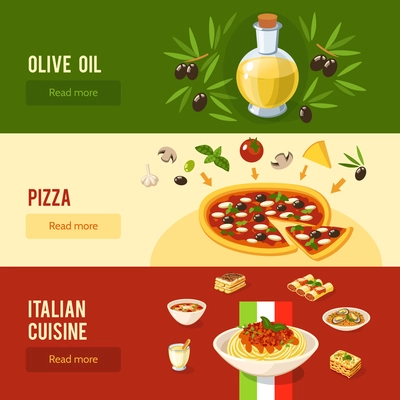 Italian food horizontal banner set wtih olive oil pizza cuisine elements isolated vector illustration