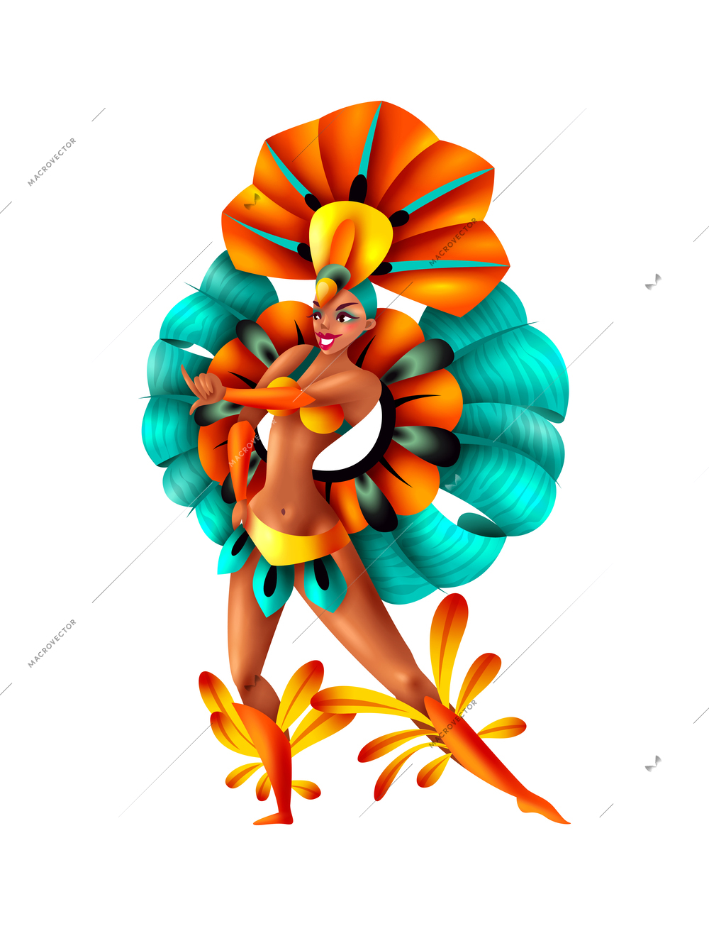Realistic brazilian woman wearing colorful traditional costume dancing at carnival vector illustration