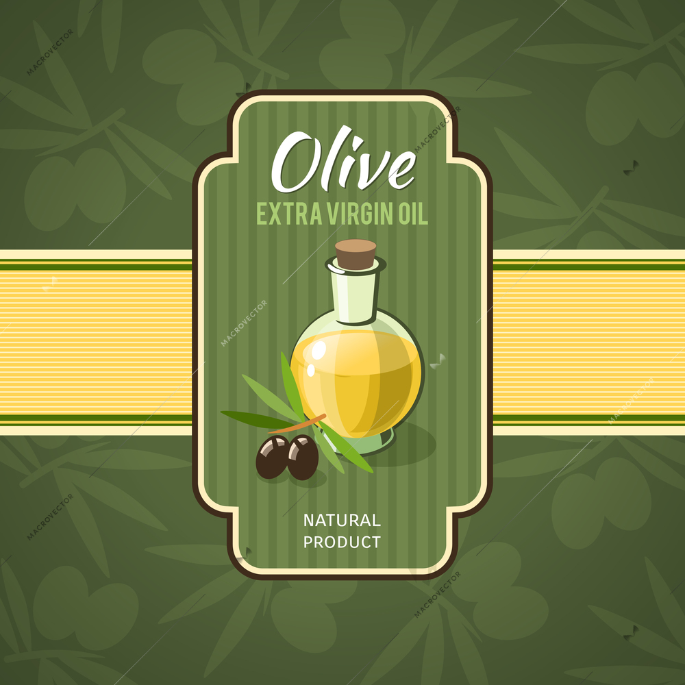 Olive oil badge with glass bottle and branches on background vector illustration