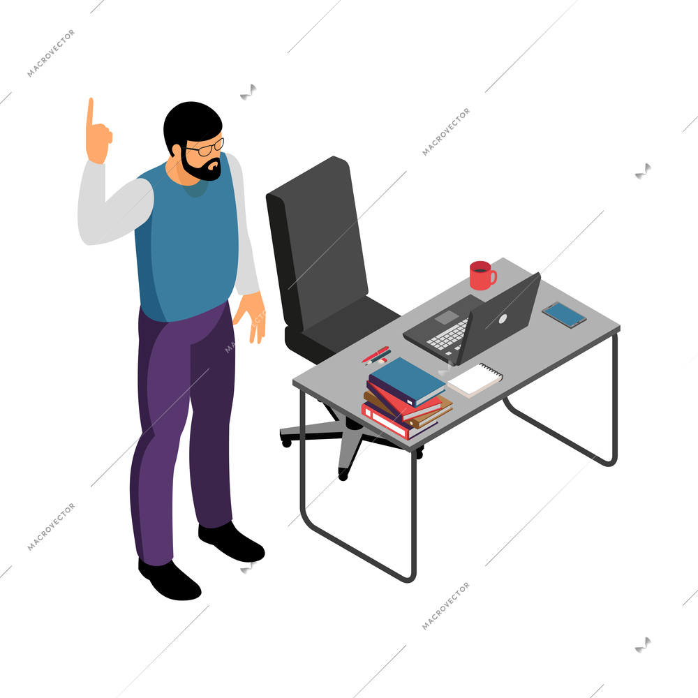 Isometric bearded university high school teacher during lecture 3d vector illustration