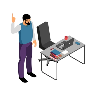 Isometric bearded university high school teacher during lecture 3d vector illustration