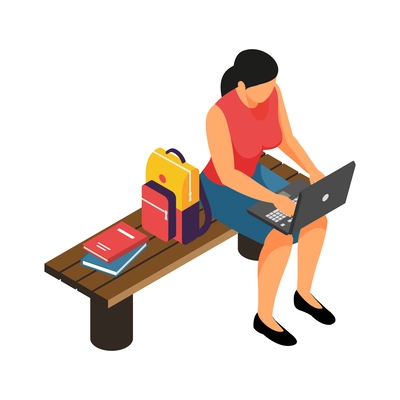 Isometric female high school student working on laptop on bench 3d vector illustration