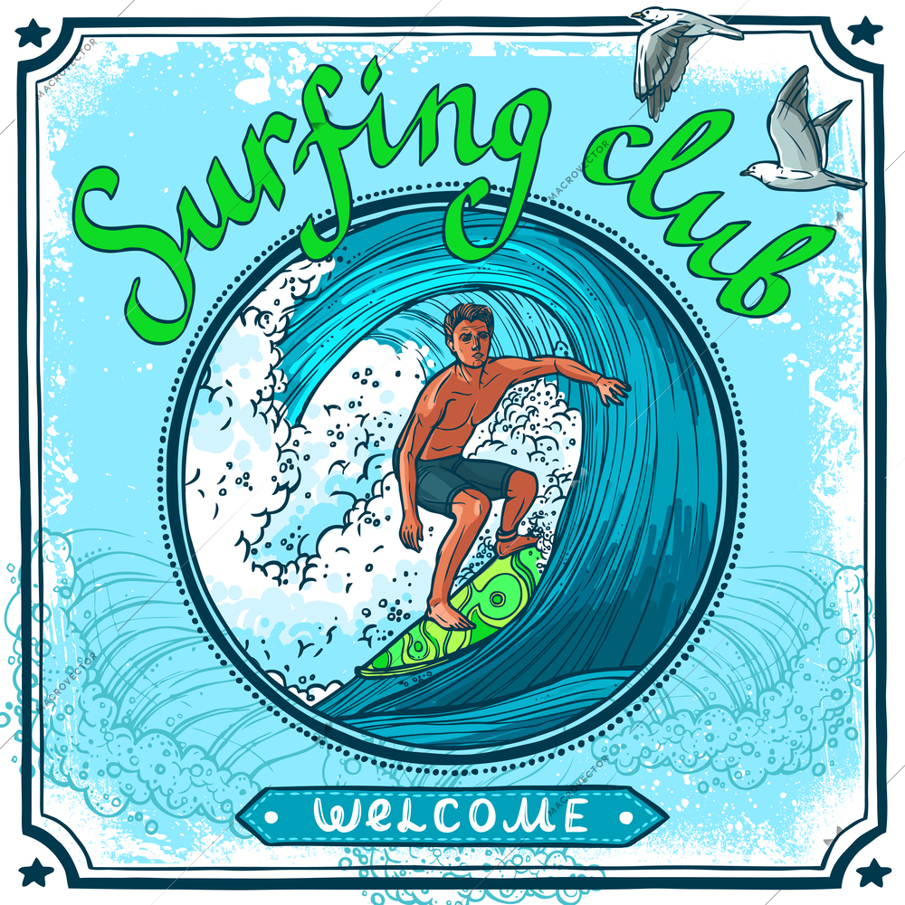 Surfing water sport club welcome advertisement poster for active vacation recreation and waves board riding vector illustration