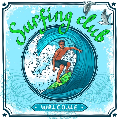 Surfing water sport club welcome advertisement poster for active vacation recreation and waves board riding vector illustration