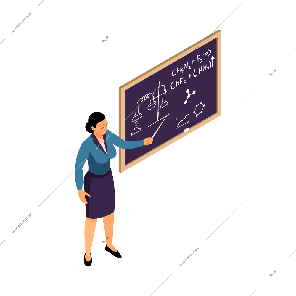 Isometric female university teacher during lecture near blackboard 3d vector illustration