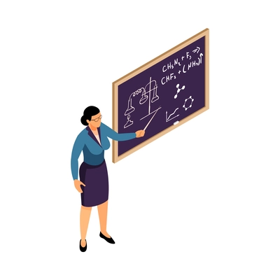 Isometric female university teacher during lecture near blackboard 3d vector illustration