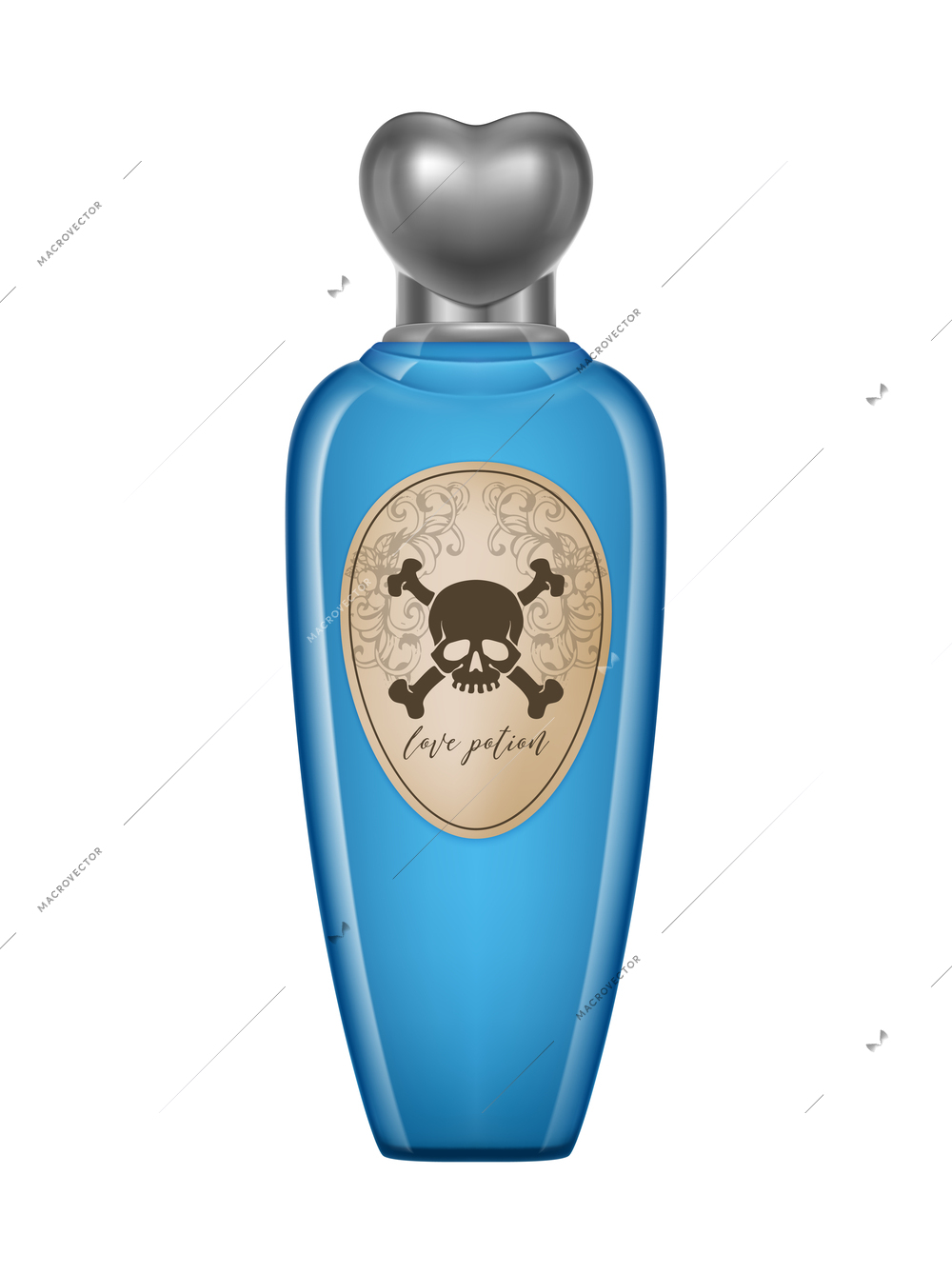 Realistic blue bottle of love potion with crossbones on label vector illustration