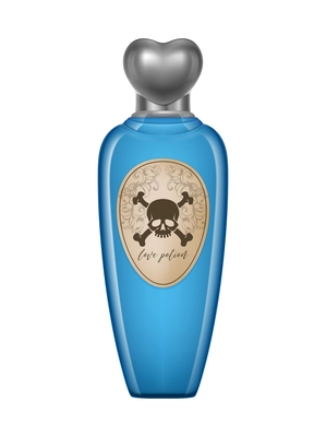 Realistic blue bottle of love potion with crossbones on label vector illustration