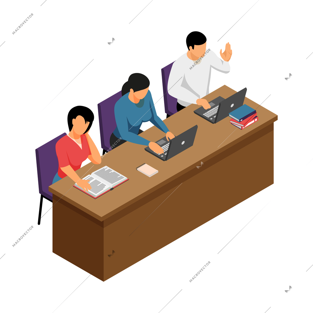 Isometric university students with laptops and books during lecture 3d vector illustration