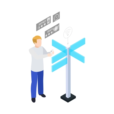 Man using smart city navigation app isometric icon 3d vector illustration