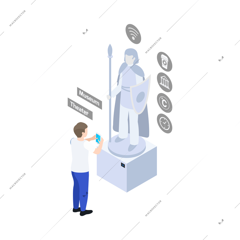 Smart city modern interactive museum isometric icon with man using smartphone to look at sculpture 3d vector illustration