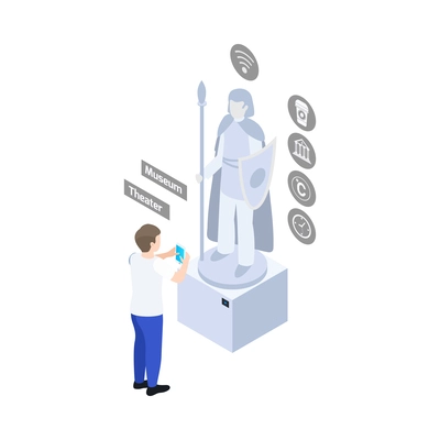 Smart city modern interactive museum isometric icon with man using smartphone to look at sculpture 3d vector illustration
