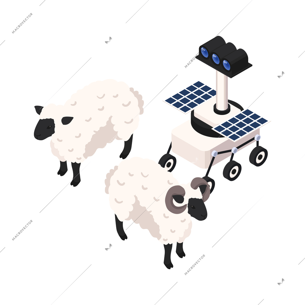 Smart farm icon with robotic machine powered with solar panels monitoring sheep 3d isometric vector illustration