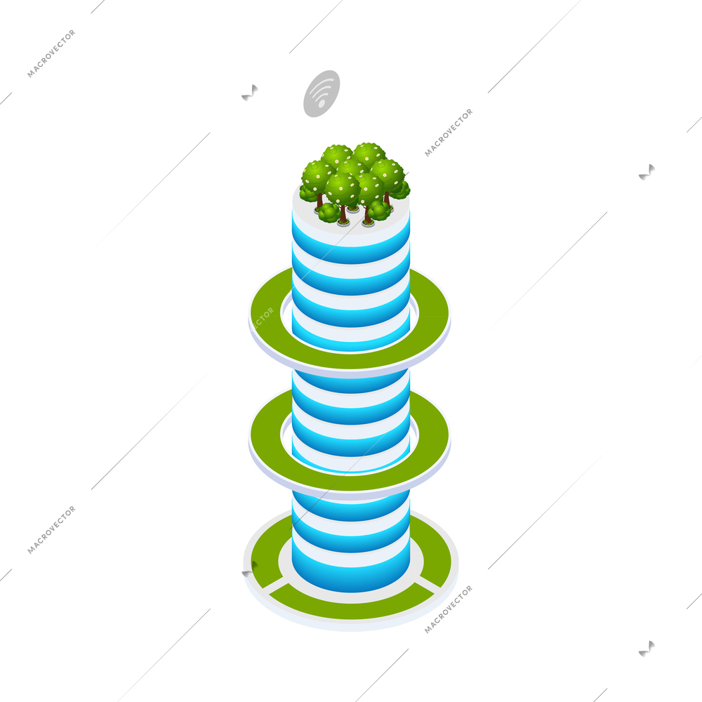 Smart city futuristic building with green trees and solar panels on roof 3d isometric icon vector illustration