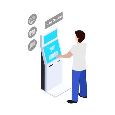 Smart city isometric icon with man using payment terminal 3d vector illustration