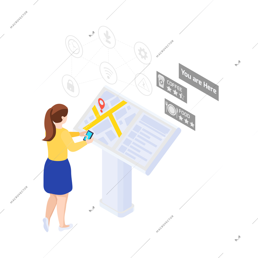 Smart city isometric icon with woman using information board map smartphone app 3d vector illustration