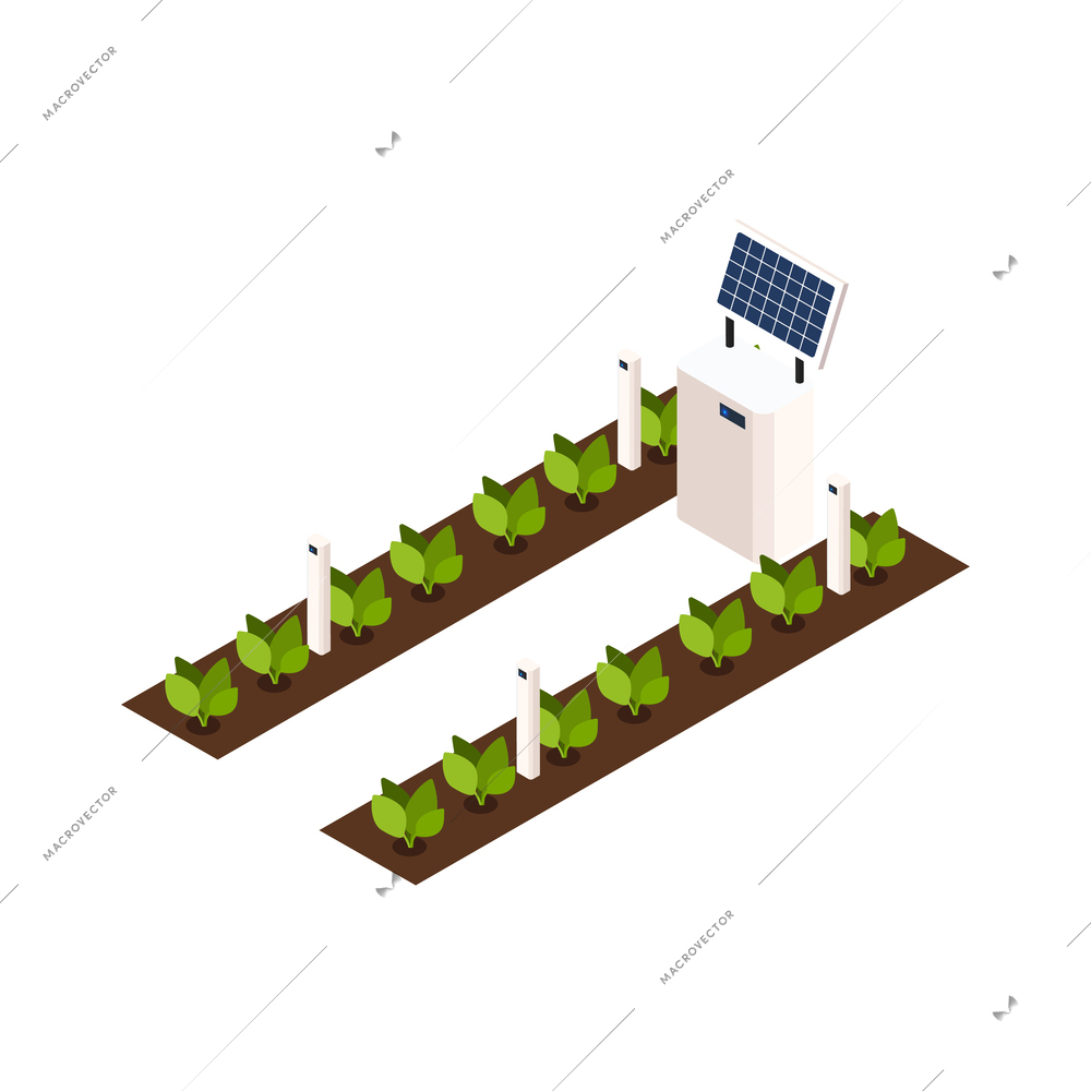 Smart farm greenhouse bed with green plants equipped with solar panels 3d isometric icon vector illustration