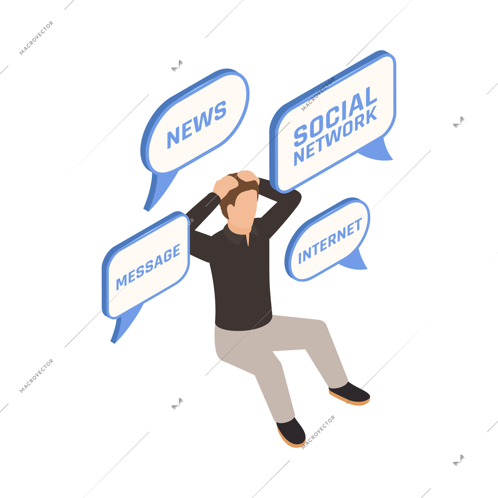 Internet smartphone gadget addiction isometric concept with man surrounded by speech bubbles vector illustration