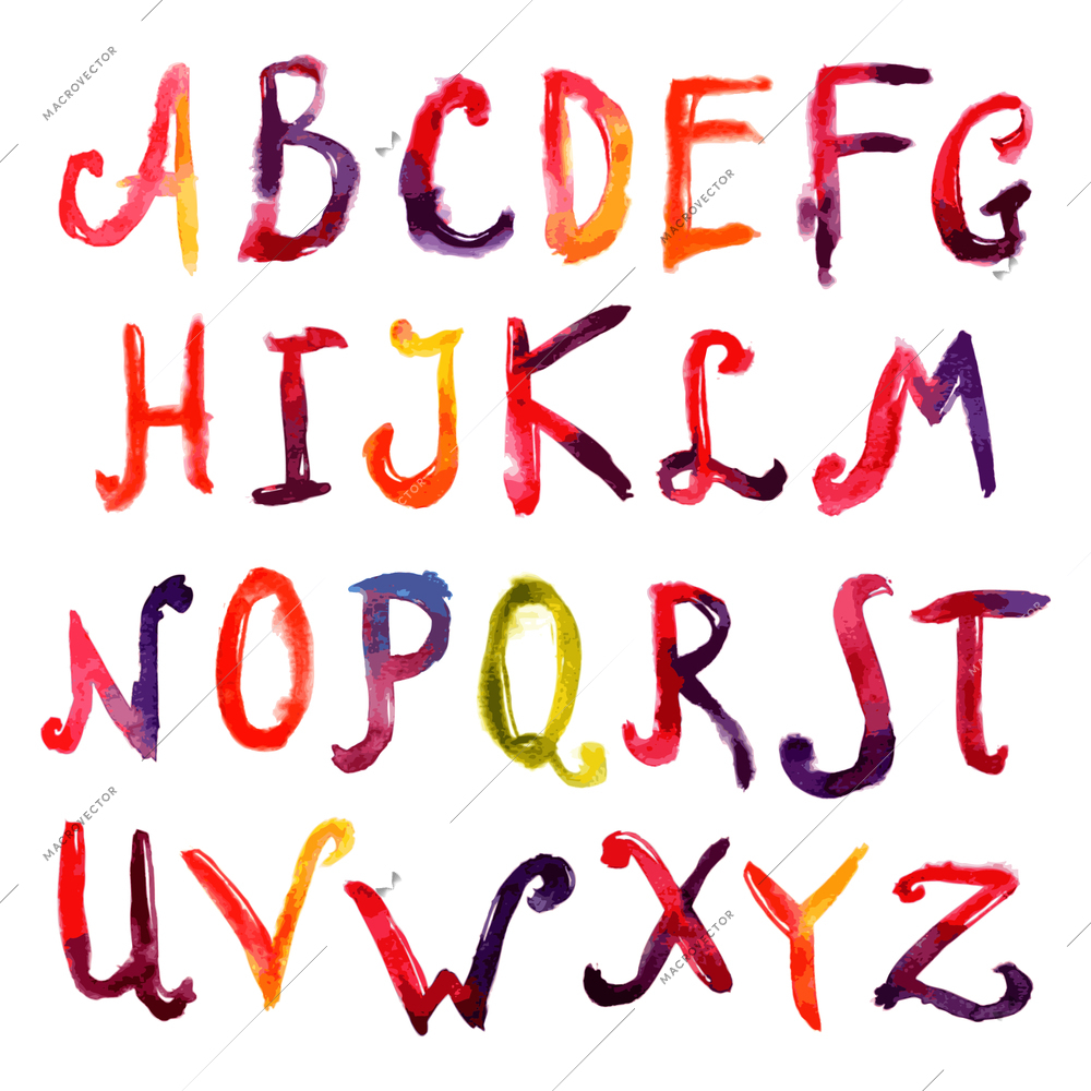 Hand drawn watercolor big capital letters alphabet font set isolated vector illustration