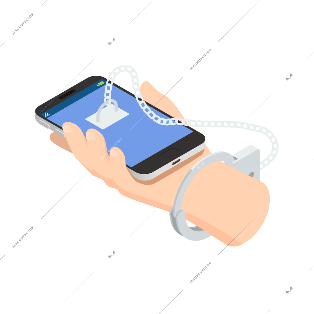 Internet smartphone gadget addiction isometric concept with human hand chained to mobile phone 3d vector illustration