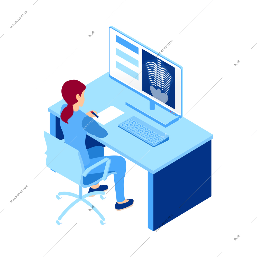 Online medicine isometric icon with doctor looking at xray image on computer 3d vector illustration