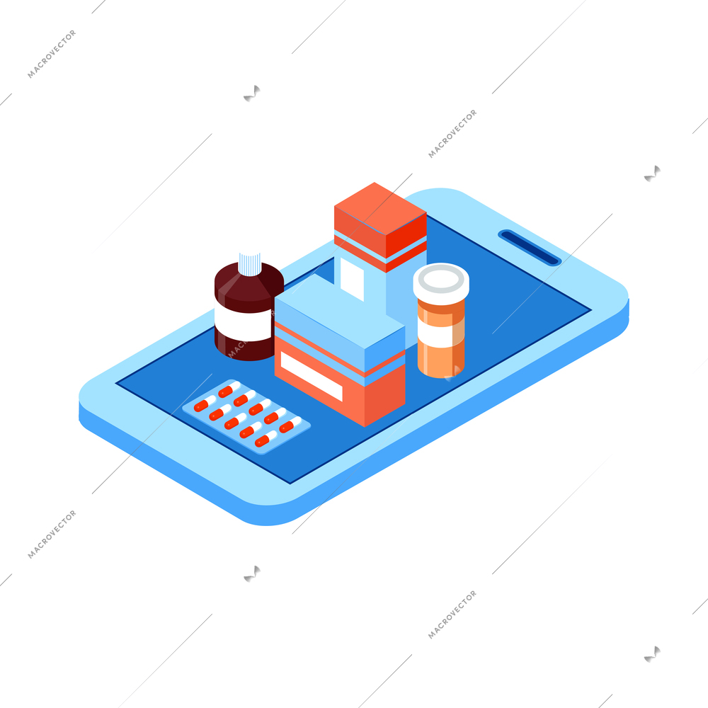 Online medicine isometric icon with pills and medication on smartphone screen 3d vector illustration