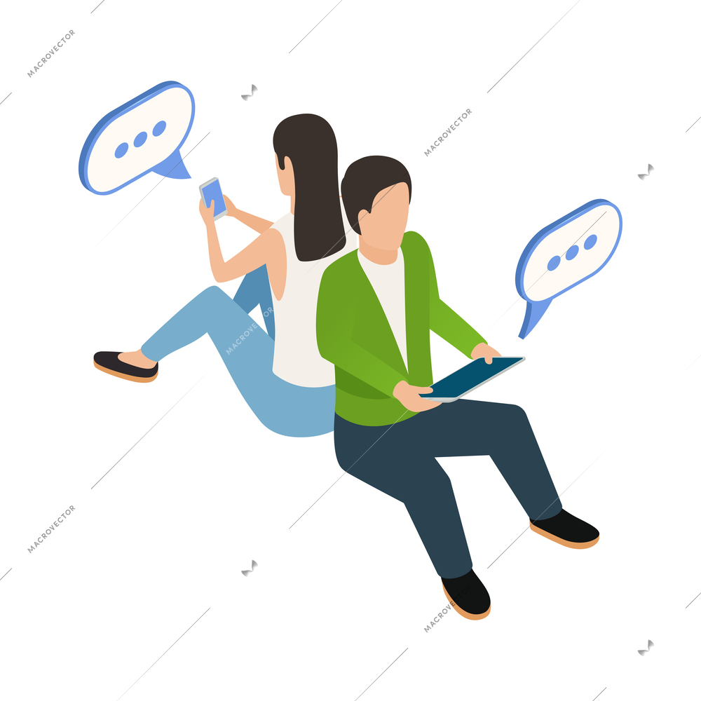 Internet smartphone gadget addiction isometric concept with people chatting online 3d vector illustration