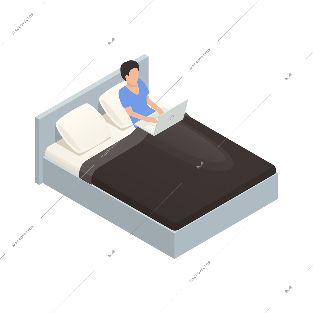 Internet smartphone gadget addiction isometric concept with person using laptop in bed 3d vector illustration