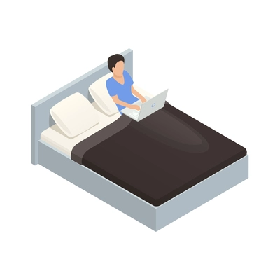 Internet smartphone gadget addiction isometric concept with person using laptop in bed 3d vector illustration