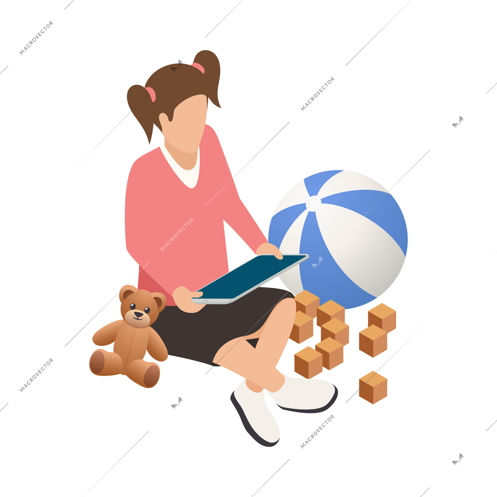 Internet smartphone gadget addiction isometric concept with girl using tablet 3d vector illustration