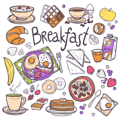 Breakfast decorative sketch icons set with fried eggs toasts cereals orange juice isolated vector illustration