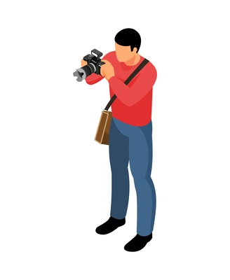 Isometric male faceless human character of photographer with camera 3d vector illustration