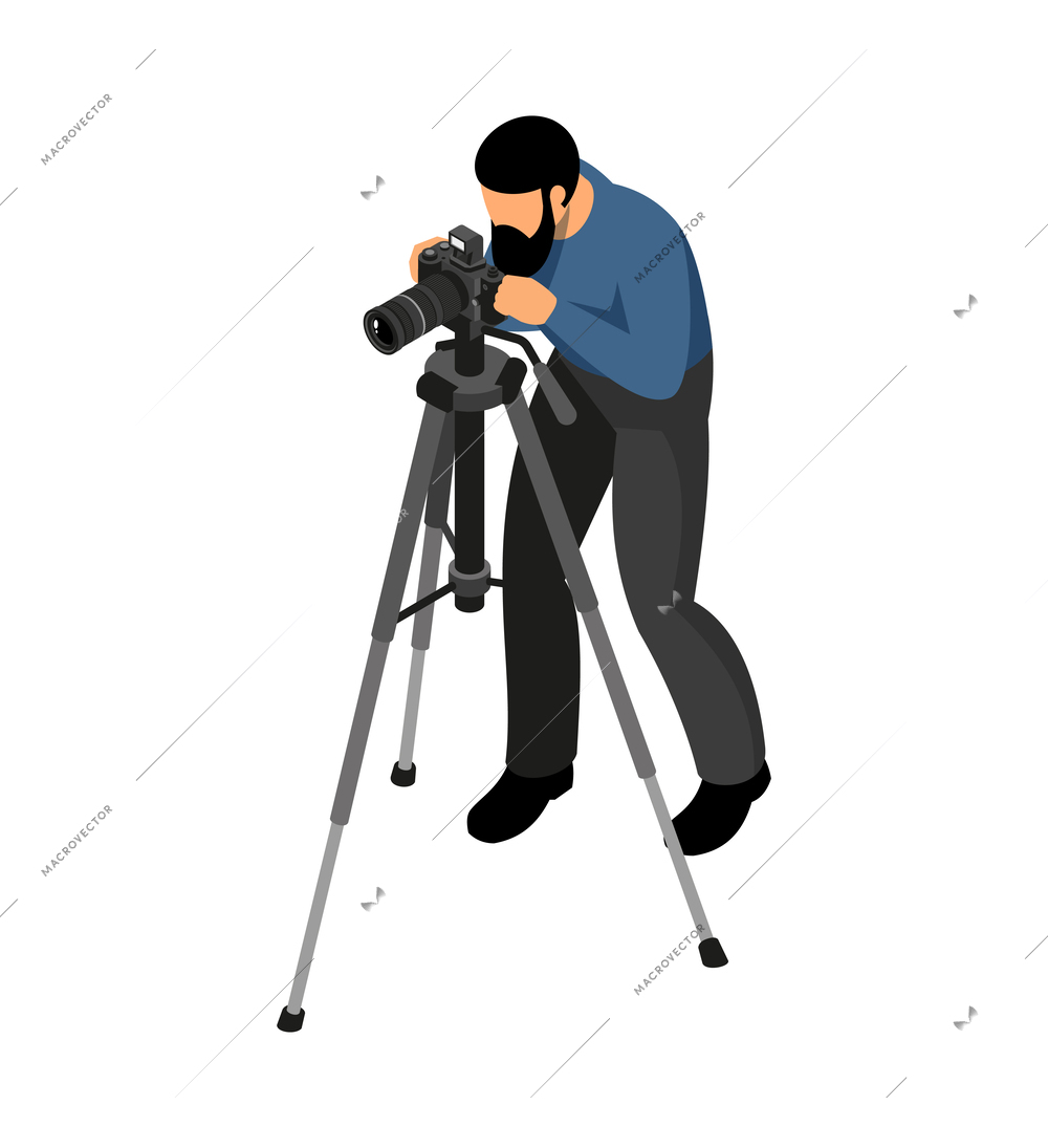 Isometric bearded professional photographer with camera on tripod vector illustration