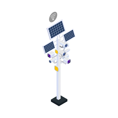 Smart city technology icon with post with cameras powered by solar panels 3d vector illustration