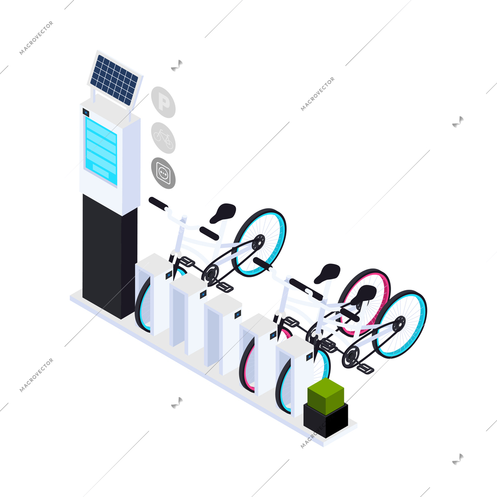 Smart city isometric icon with bike rental station with solar panels 3d vector illustration