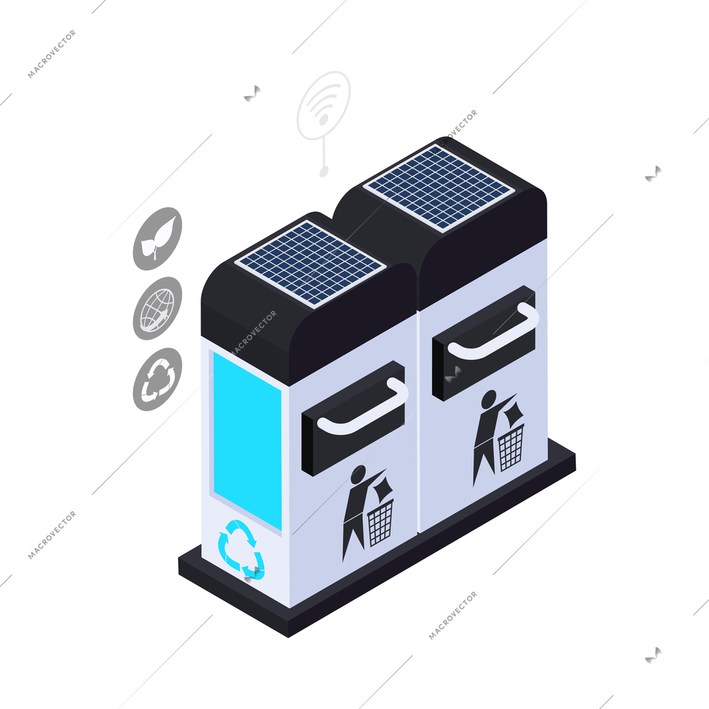 Smart city isometric icon with rubbish bins powered by solar panels 3d vector illustration