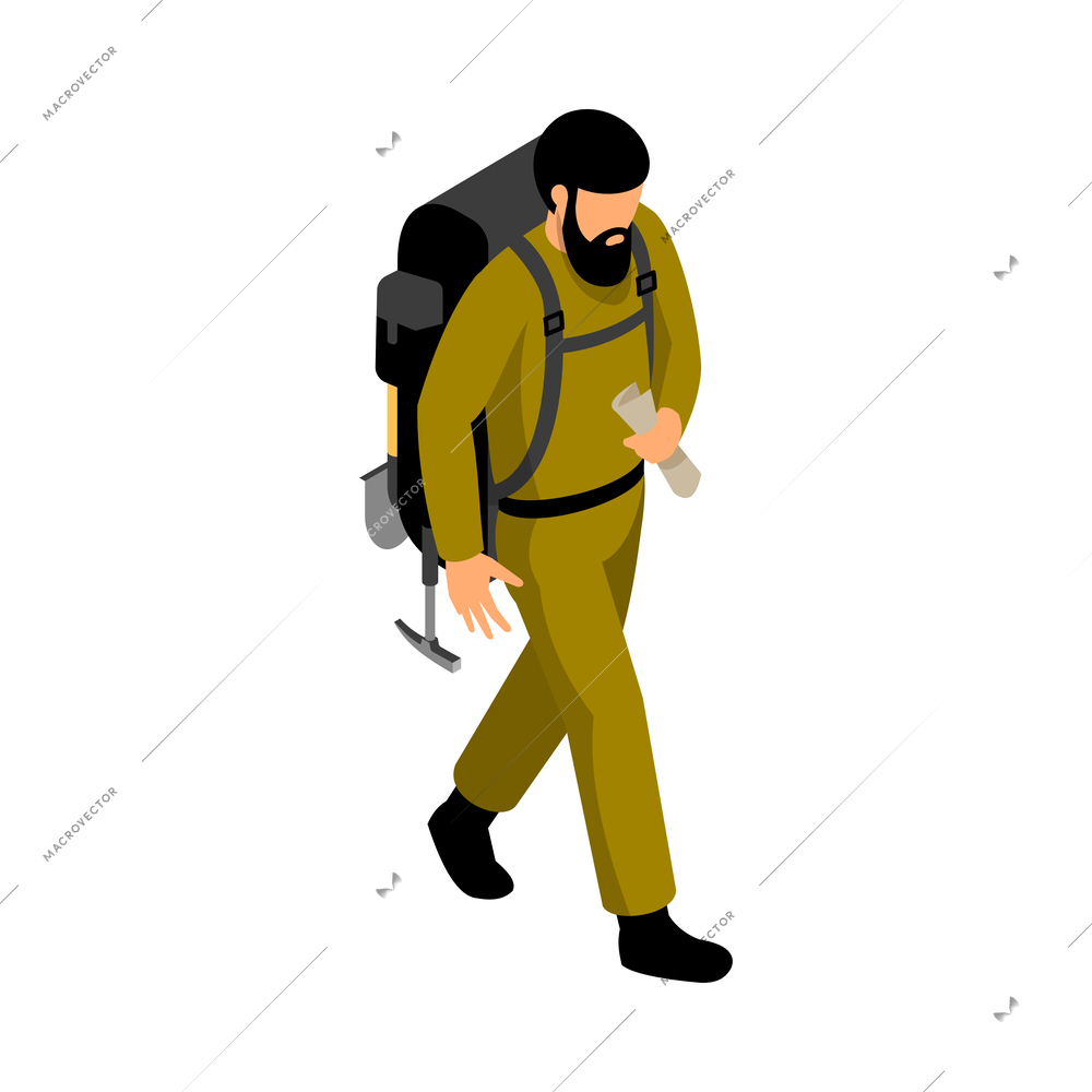 Isometric male human character of geologist walking with backpack and map during expedition 3d vector illustration