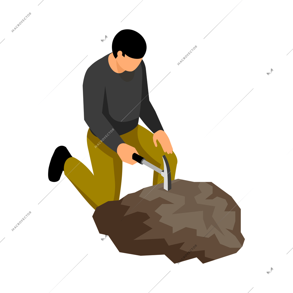 Isometric geologist working with hammer 3d vector illustration