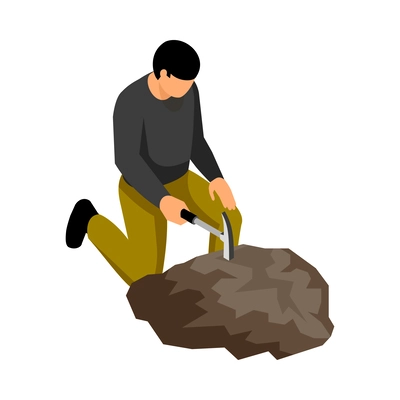 Isometric geologist working with hammer 3d vector illustration