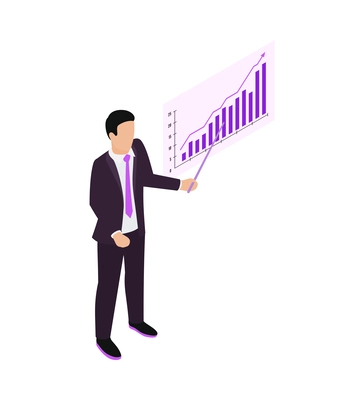 Marketing concept isometric neon icon with businessman giving report and showing financial chart vector illustration